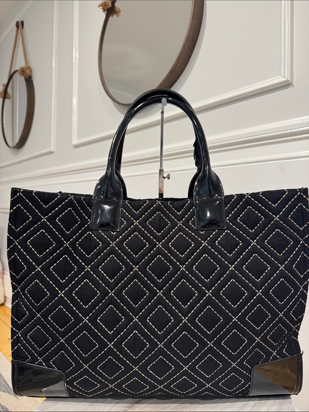 Tory Burch Bag Ella Quilted Black Large Nylon Tote Rare - Picture 9 of 17